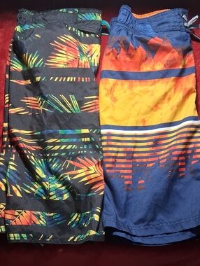 Boys' Vibrant Tropical & Sunset Swim Trunks - Blue, Black, Orange, Yellow